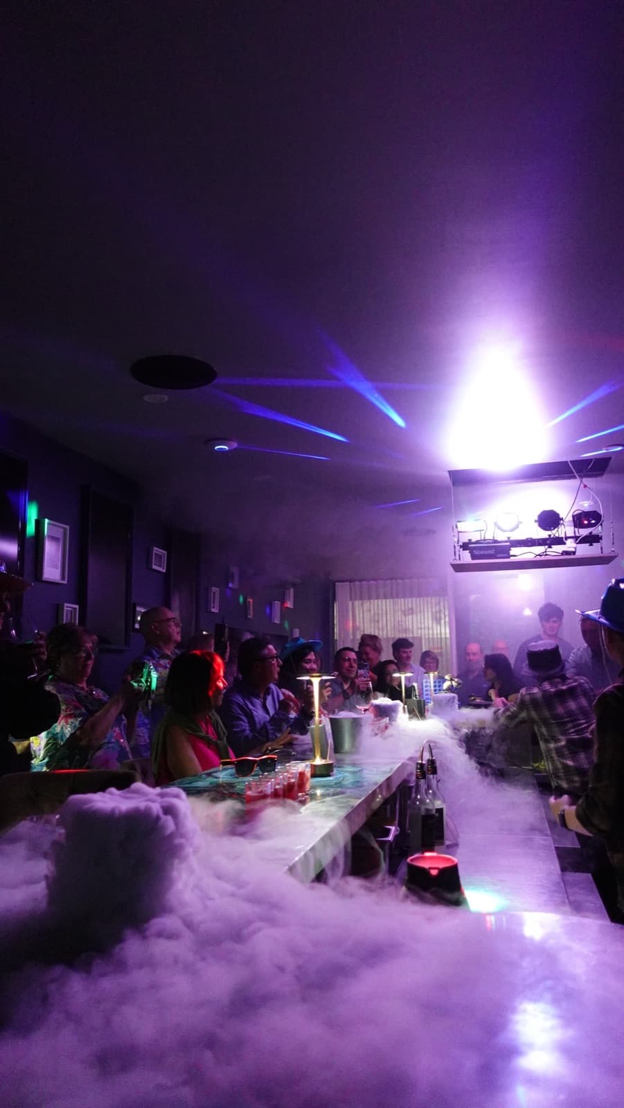 Shelly guests under purple lights with smoke and music